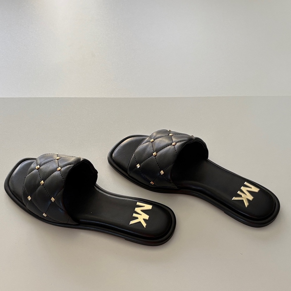 Michael Kors Black Quilted Sandals with Gold Accents